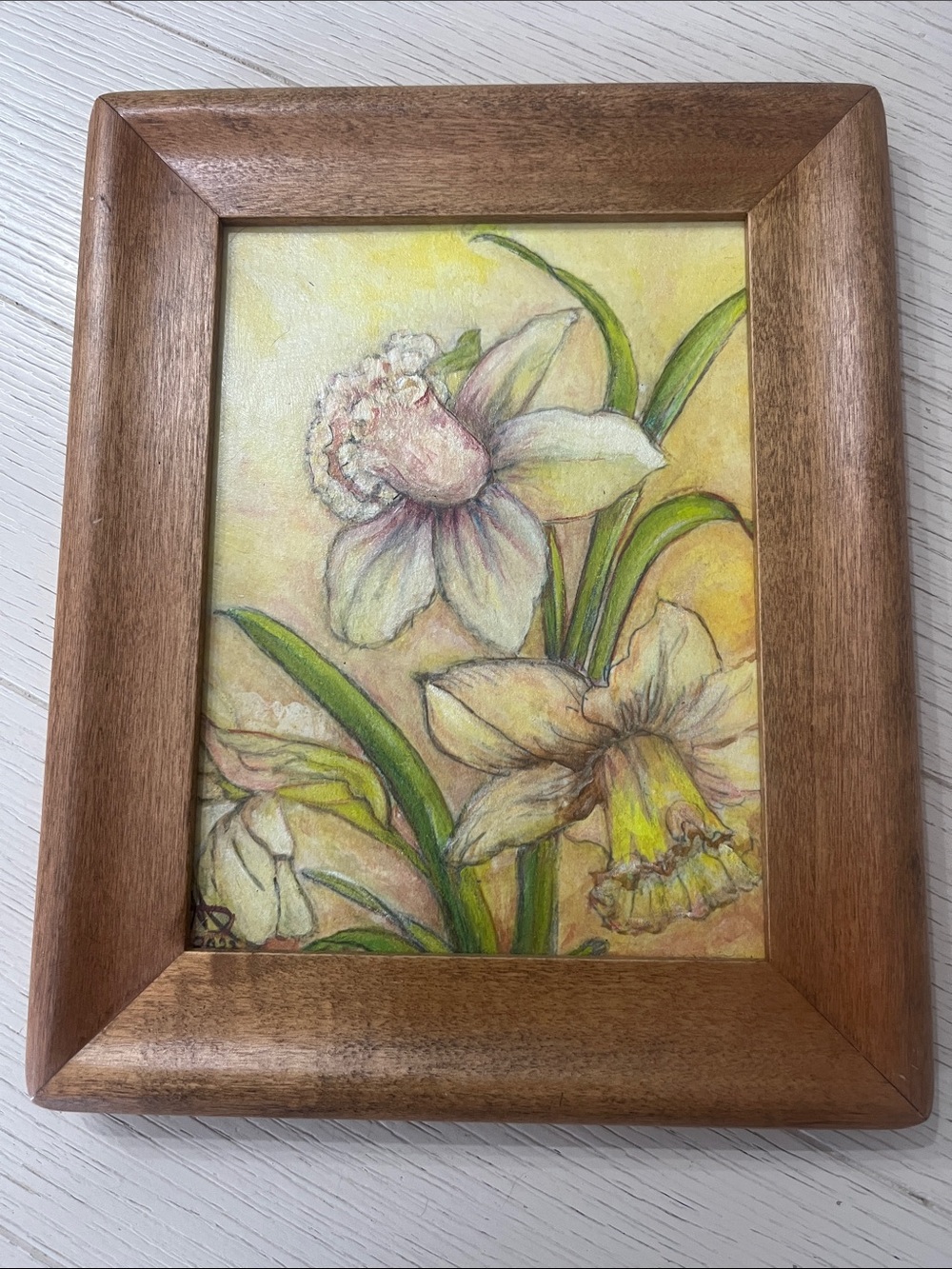 Spring Daffodil Floral Art Print in Yellow and Green Framed Hand Painted